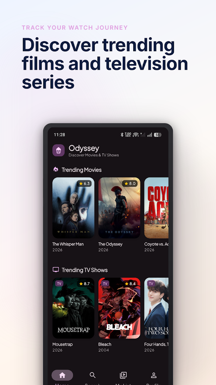 Odyssey Home Screen showing Trending and Upcoming Movies