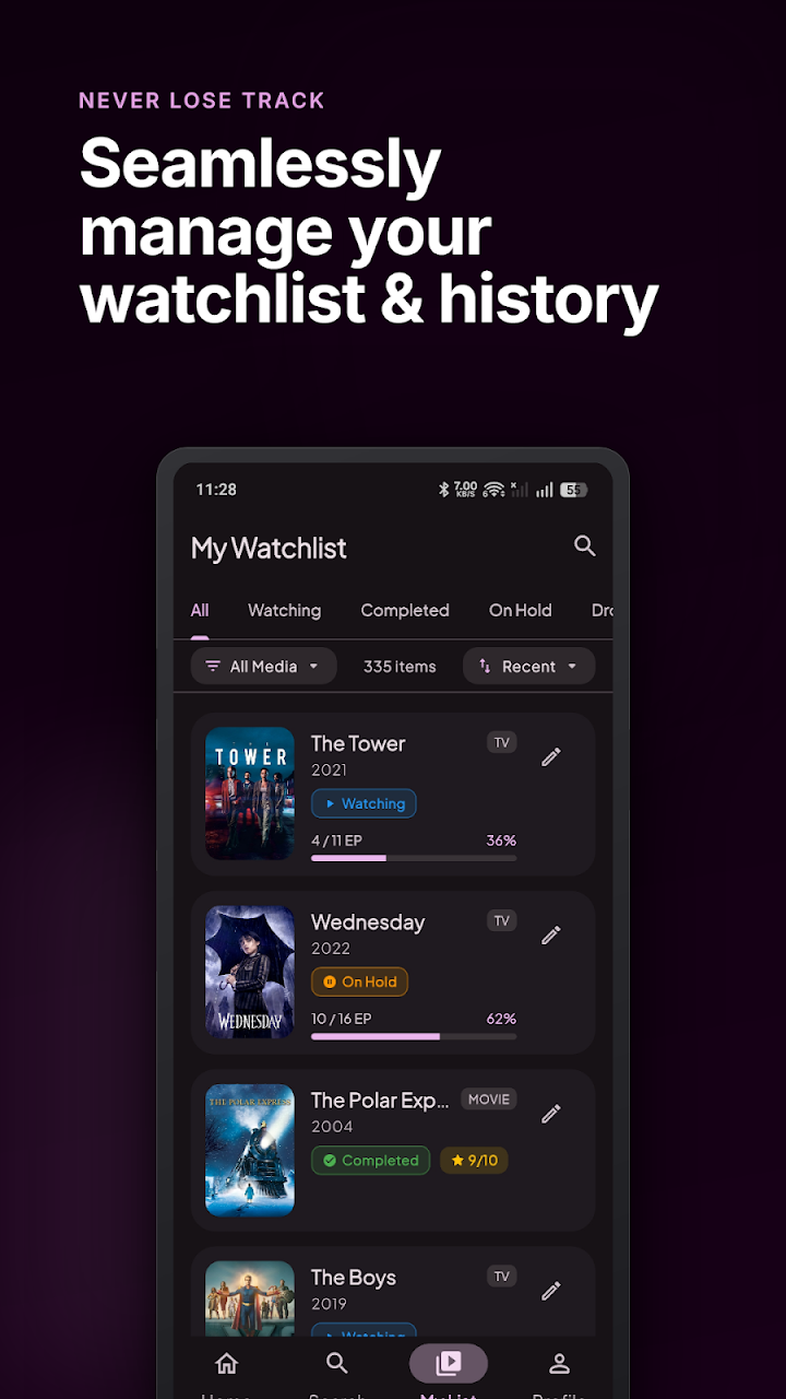Odyssey Watchlist Screen with Season Checklists and Status Tabs